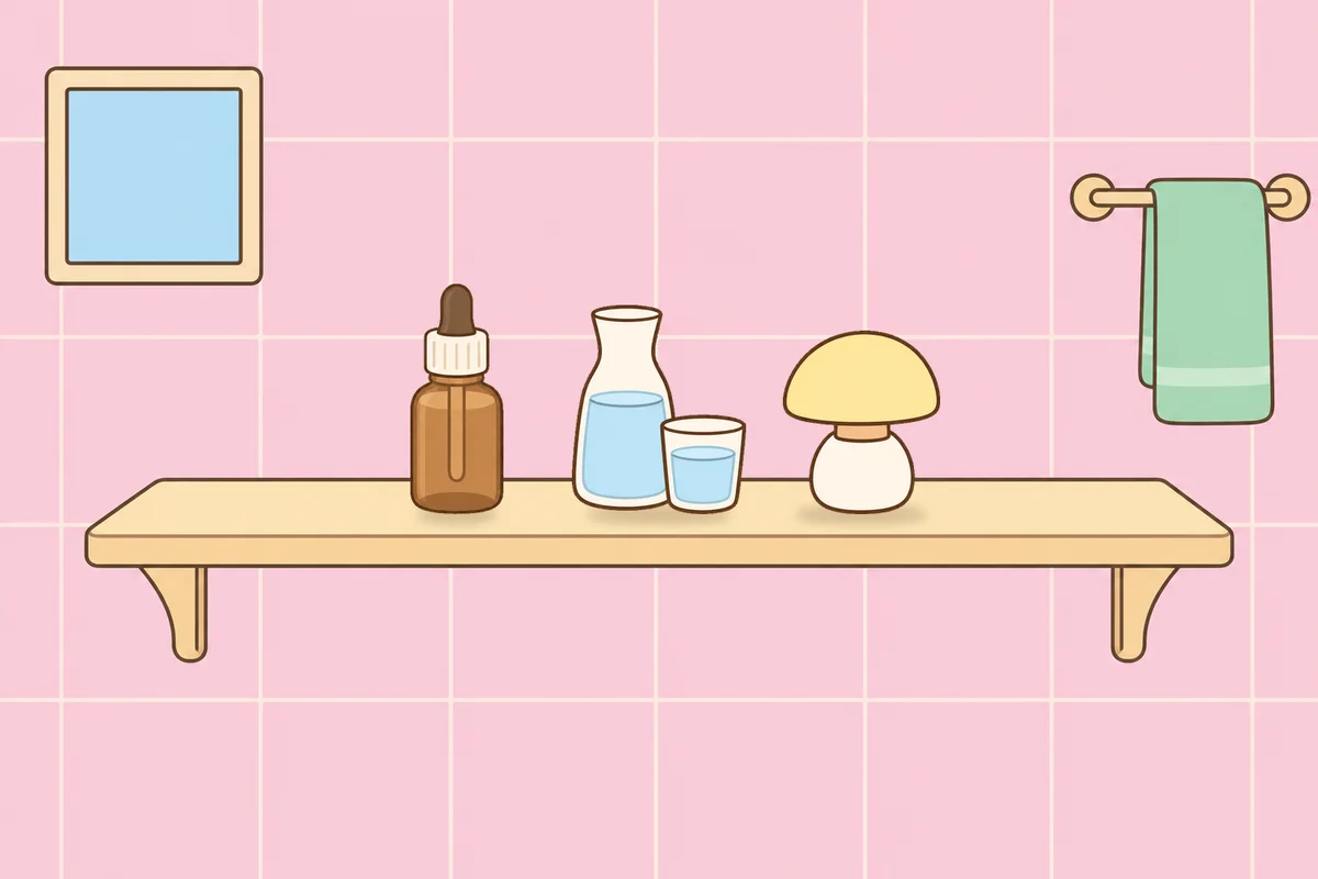 구로 여성전용 아로마테라피 안내 그림, 파우더룸 선반 위의 오일병, 물병, 무드등
