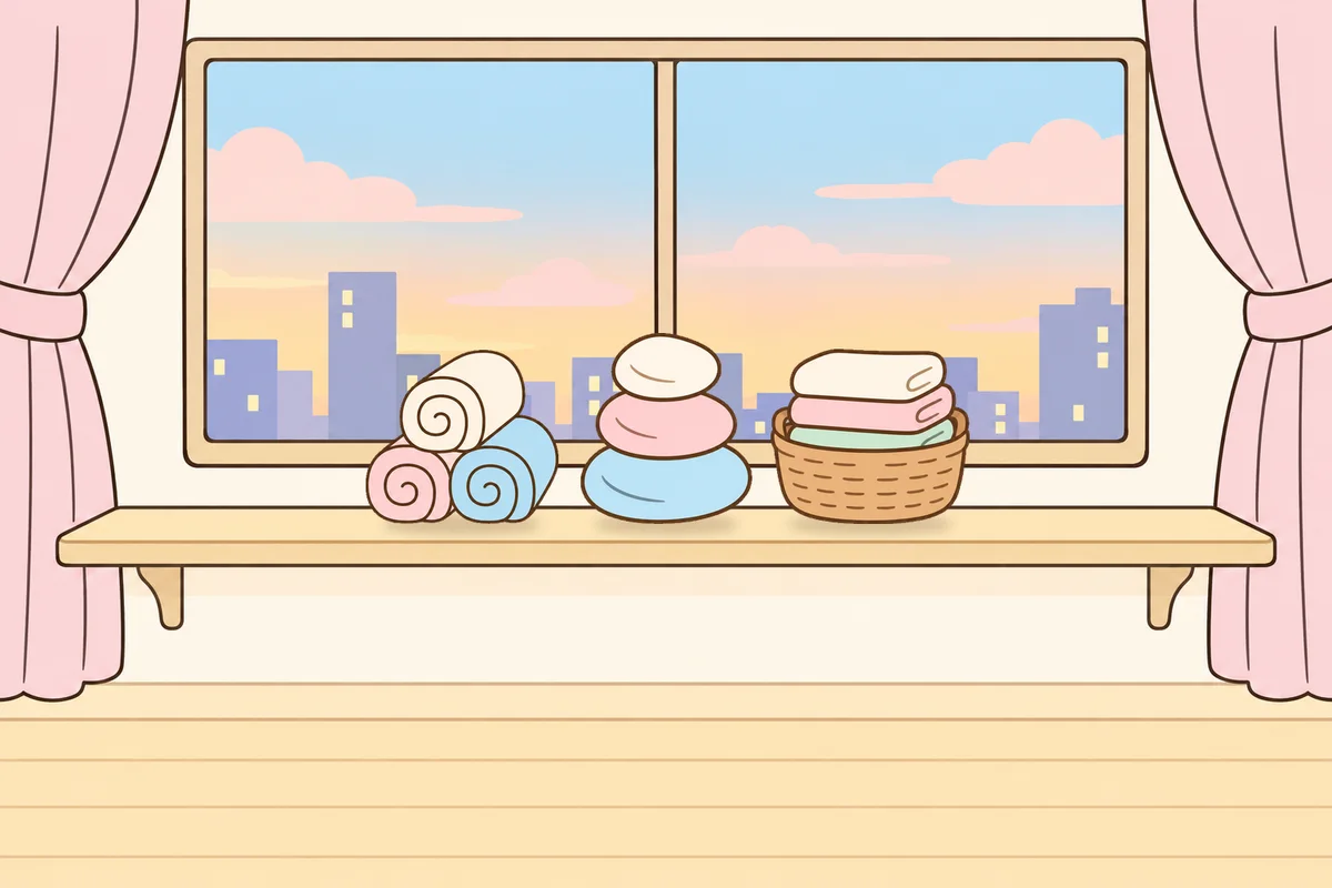 구로 여성전용 라벤더 아로마 안내 그림, 호텔 창가 선반 위의 수건, 조약돌, 수건 바구니