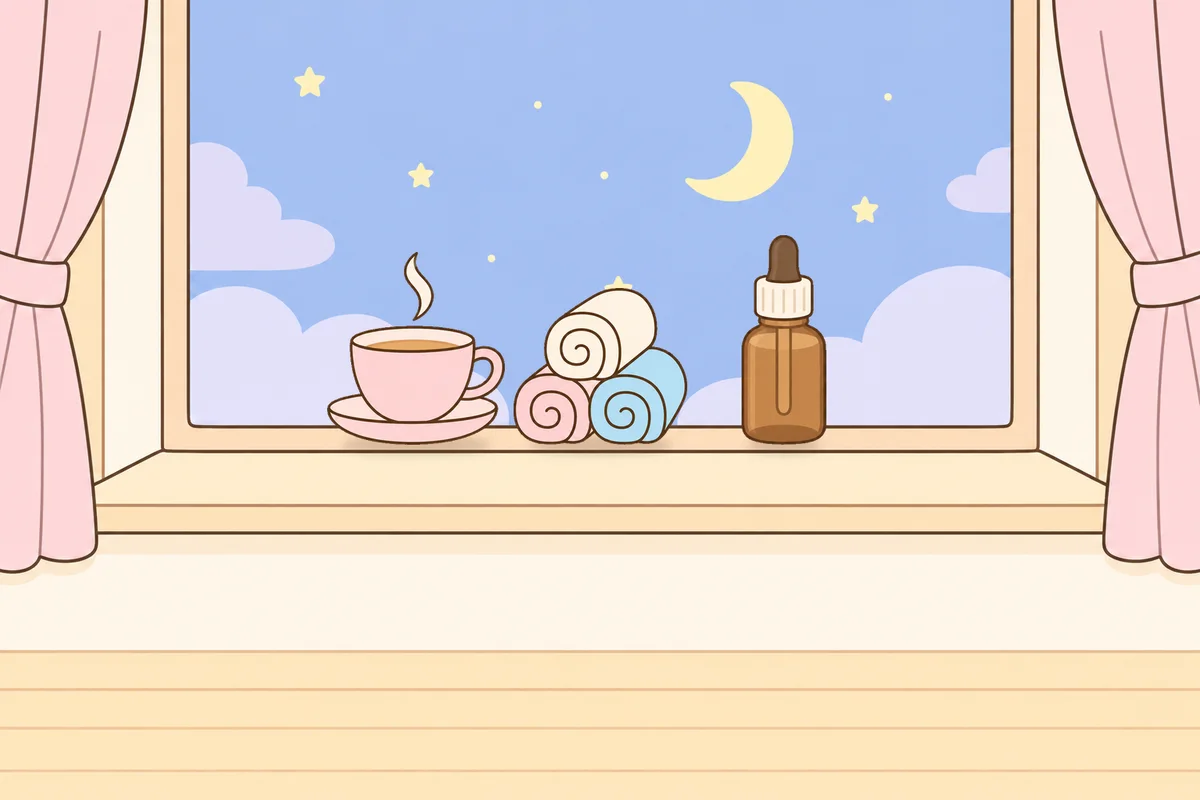 구로 여성전용 경락마사지 안내 그림, 밤 창가 창턱 위의 찻잔, 수건, 오일병