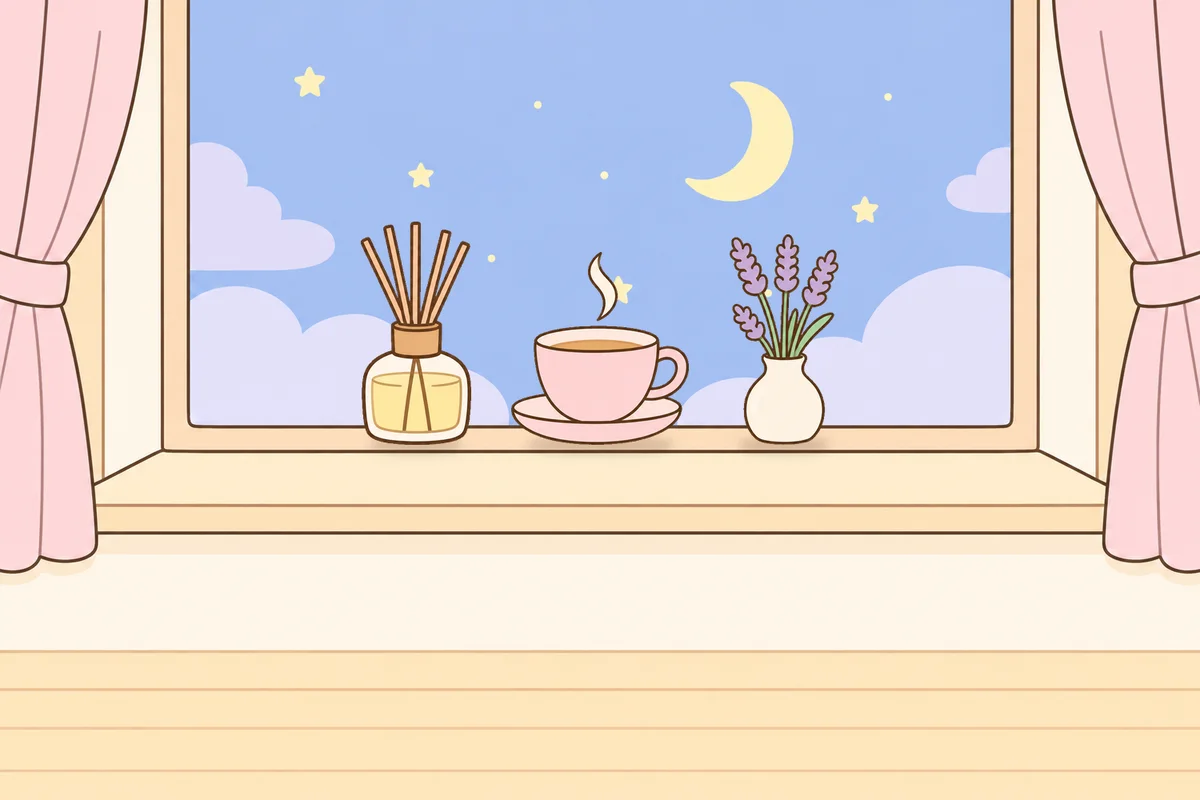 구로 여성전용 홈케어 서비스 안내 그림, 밤 창가 창턱 위의 디퓨저, 찻잔, 라벤더 꽃병