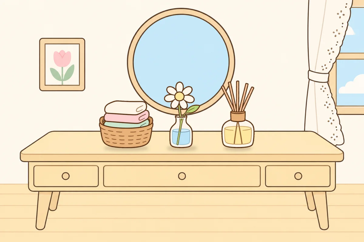 구로 여성전용 발 부종 케어 안내 그림, 화장대 위의 수건 바구니, 데이지 꽃병, 디퓨저