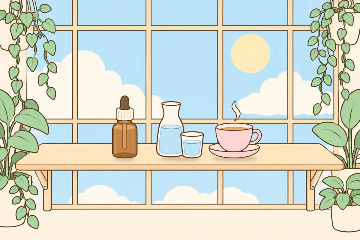 구로 여성전용 바디 케어 안내 그림, 햇살 드는 창가 선반 위의 오일병, 물병, 찻잔