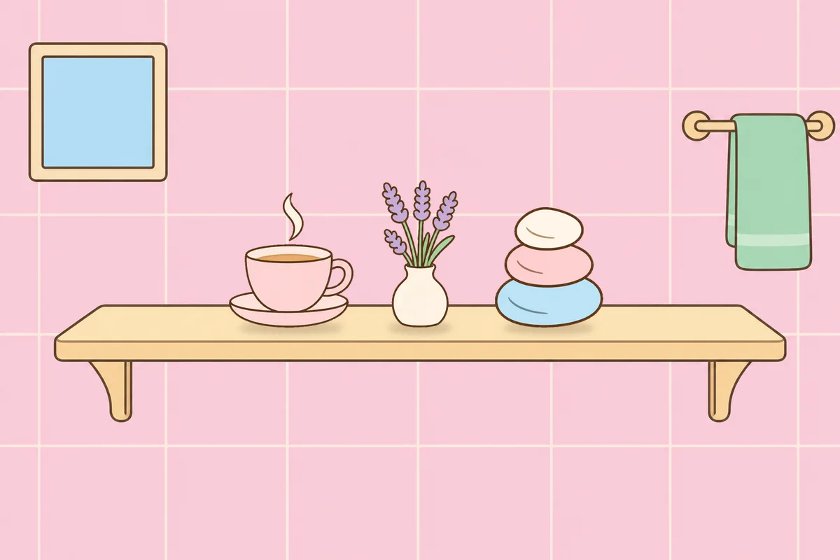 구로 여성전용 슬리밍 마사지 안내 그림, 파우더룸 선반 위의 찻잔, 라벤더 꽃병, 조약돌