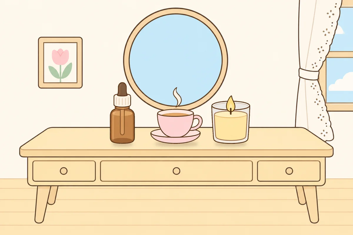 구로 여성전용 다이어트 마사지 안내 그림, 화장대 위의 오일병, 찻잔, 향초