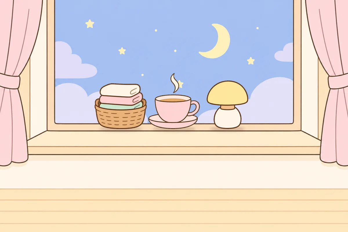 구로 여성전용 등 마사지 안내 그림, 밤 창가 창턱 위의 수건 바구니, 찻잔, 무드등