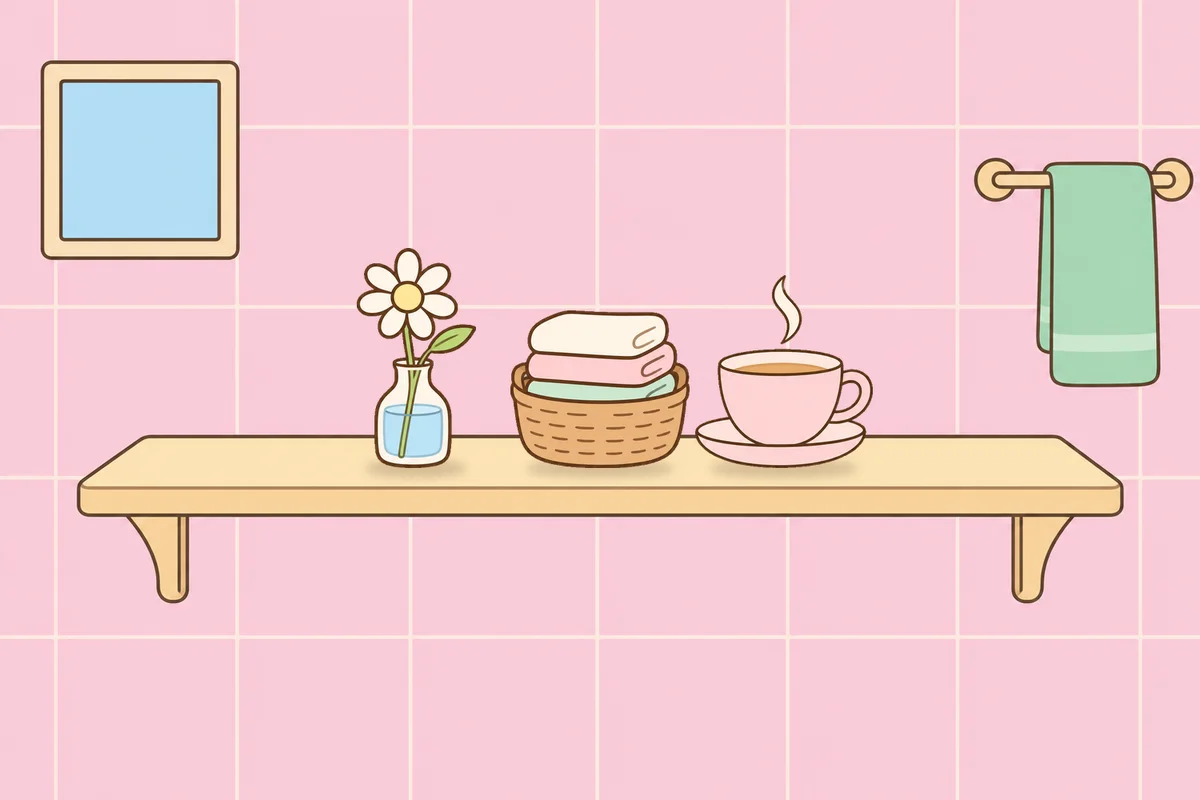 구로 여성전용 피로 회복 마사지 안내 그림, 파우더룸 선반 위의 데이지 꽃병, 수건 바구니, 찻잔