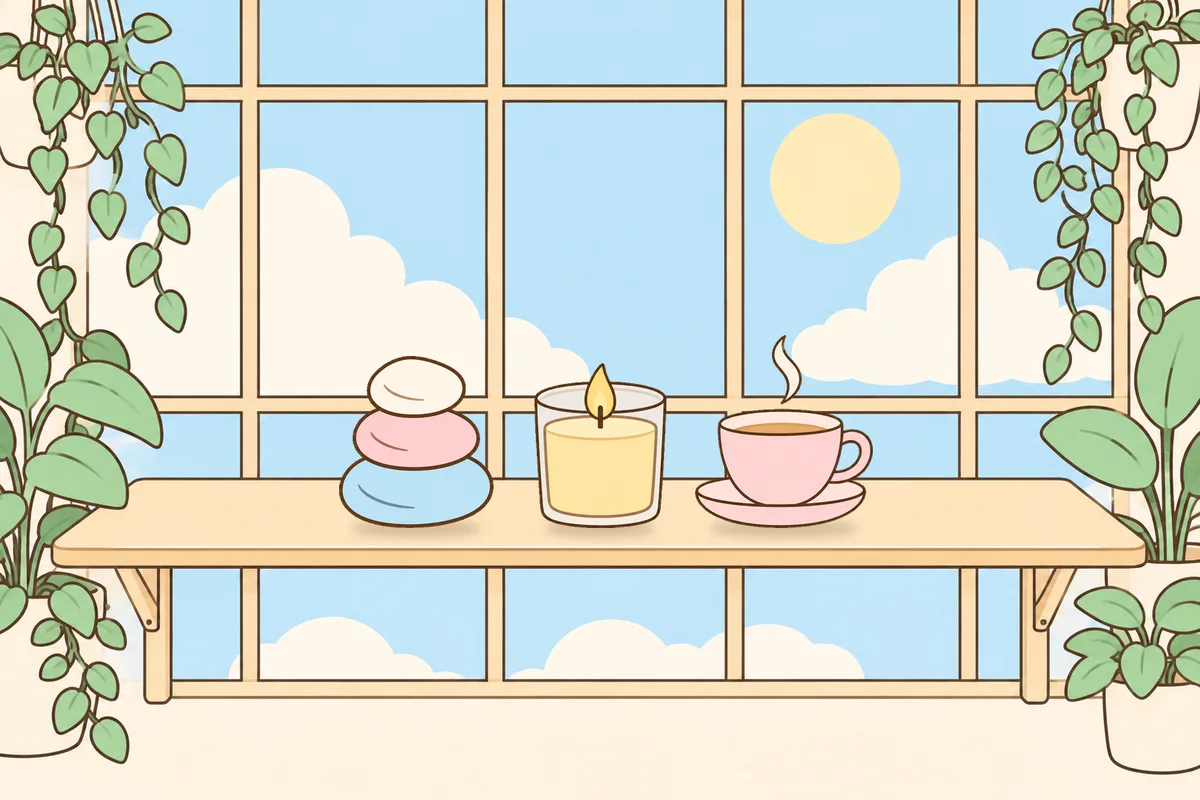 구로 여성전용 피부 관리 안내 그림, 햇살 드는 창가 선반 위의 조약돌, 향초, 찻잔