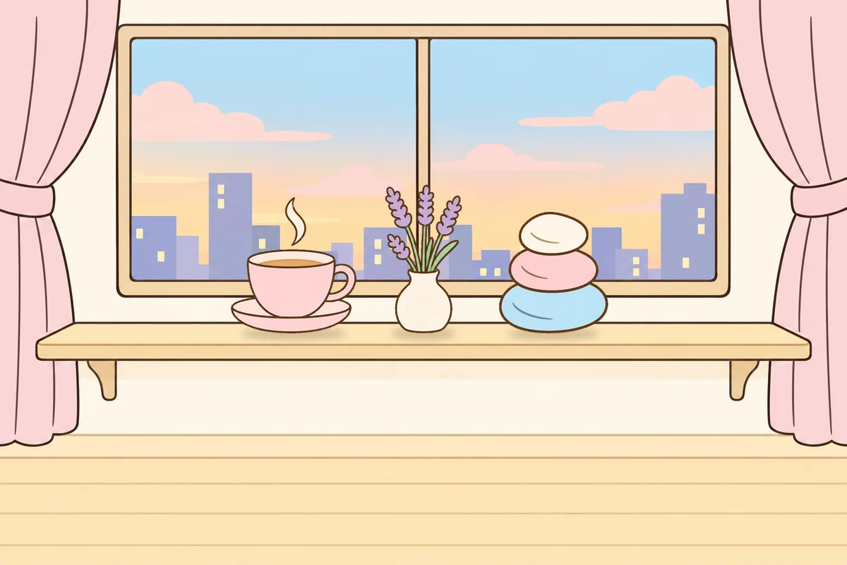 구로 여성전용 마사지 예약 안내 그림, 호텔 창가 선반 위의 찻잔, 라벤더 꽃병, 조약돌