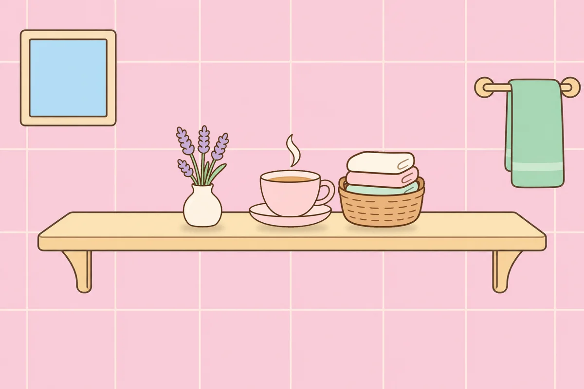 구로 여성전용 마사지 후기 안내 그림, 파우더룸 선반 위의 라벤더 꽃병, 찻잔, 수건 바구니