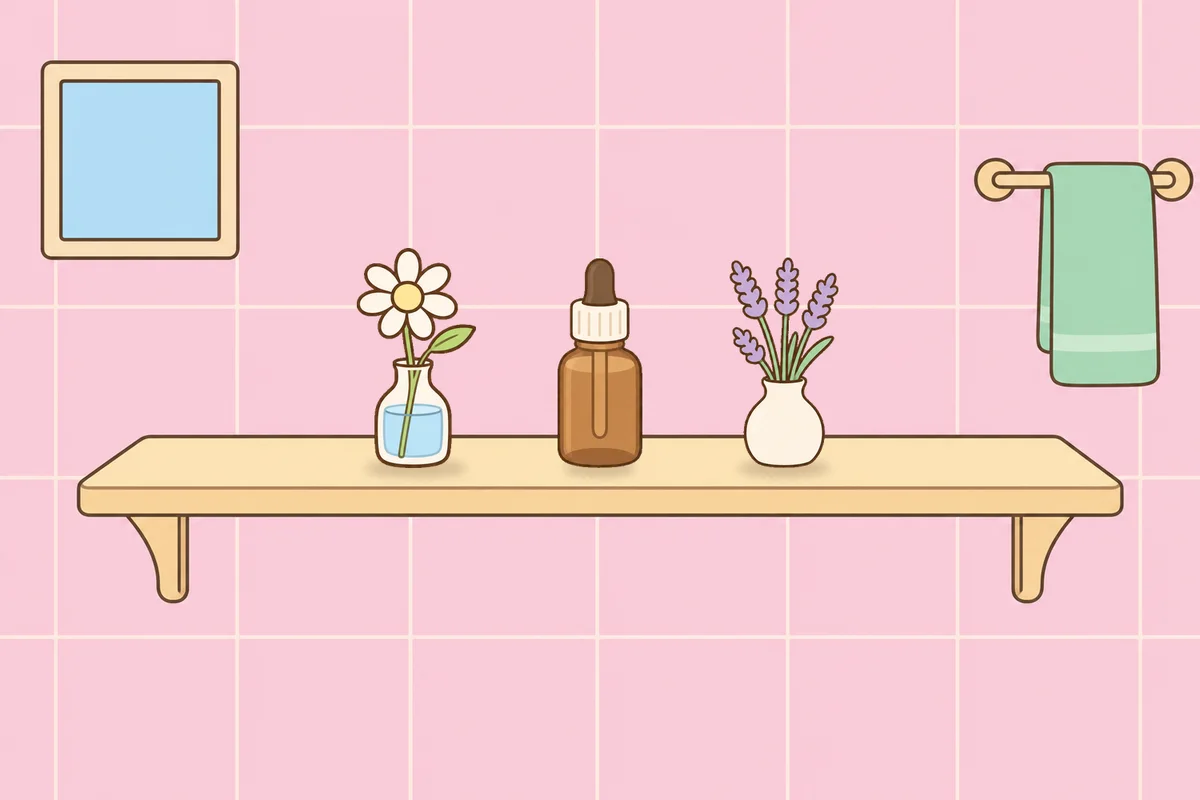 금천구 여성전용 아로마 마사지 안내 그림, 파우더룸 선반 위의 데이지 꽃병, 오일병, 라벤더 꽃병