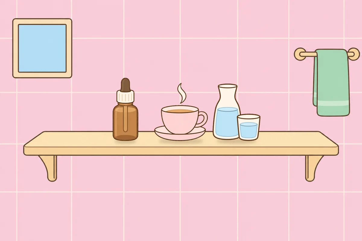 금천구 여성전용 프리미엄 스웨디시 안내 그림, 파우더룸 선반 위의 오일병, 찻잔, 물병