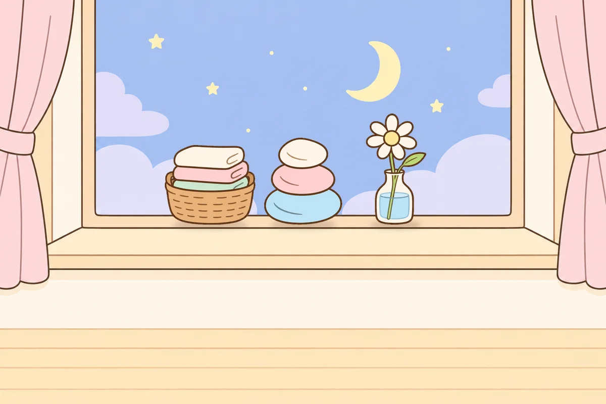 금천구 여성전용 아로마 마사지 후기 안내 그림, 밤 창가 창턱 위의 수건 바구니, 조약돌, 데이지 꽃병