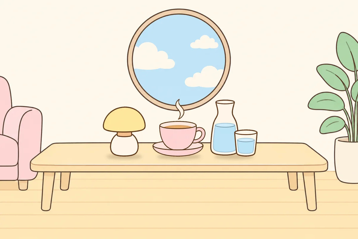 금천구 여성전용 경락 케어 안내 그림, 거실 원목 테이블 위의 무드등, 찻잔, 물병