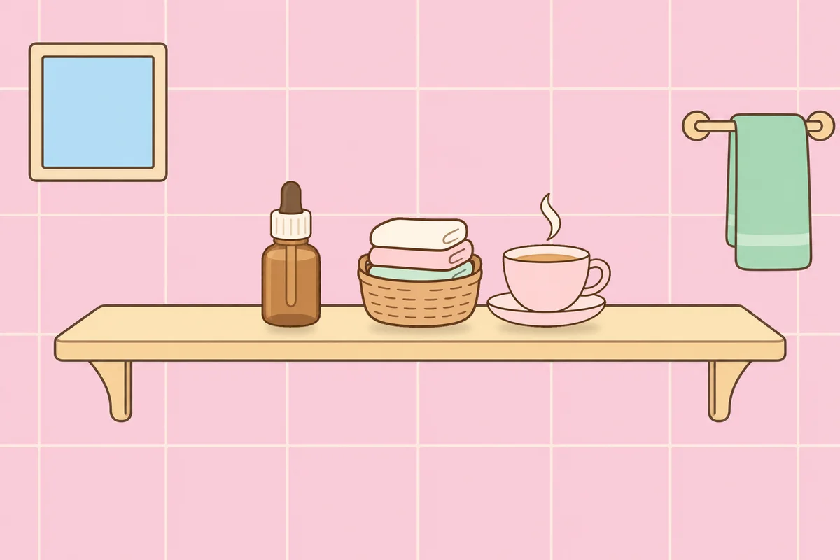금천구 여성전용 방문 홈케어 안내 그림, 파우더룸 선반 위의 오일병, 수건 바구니, 찻잔