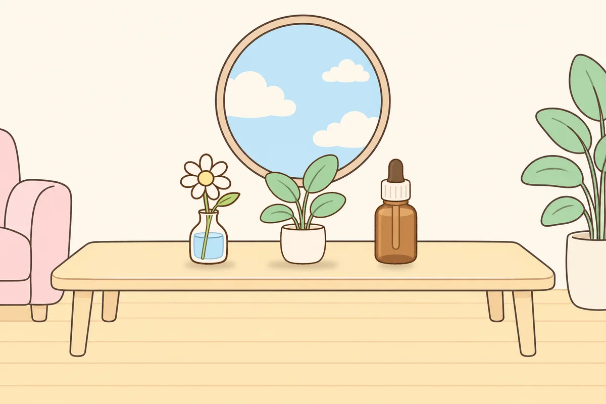 금천구 여성전용 홈케어 추천 안내 그림, 거실 원목 테이블 위의 데이지 꽃병, 화분, 오일병