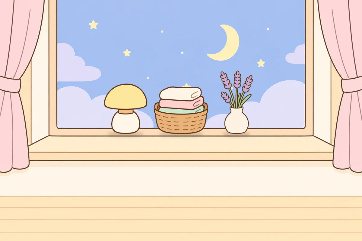 금천구 여성전용 발 부종 케어 안내 그림, 밤 창가 창턱 위의 무드등, 수건 바구니, 라벤더 꽃병