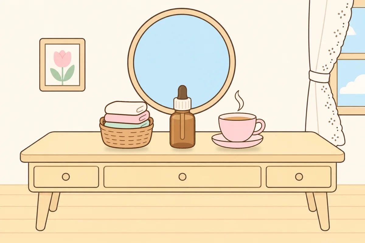 금천구 여성전용 바디 케어 안내 그림, 화장대 위의 수건 바구니, 오일병, 찻잔