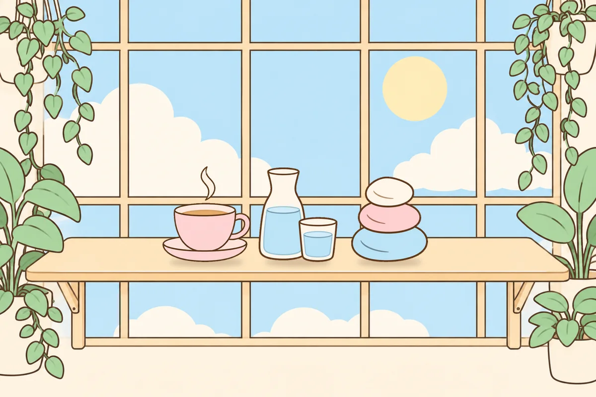 금천구 여성전용 다이어트 마사지 안내 그림, 햇살 드는 창가 선반 위의 찻잔, 물병, 조약돌
