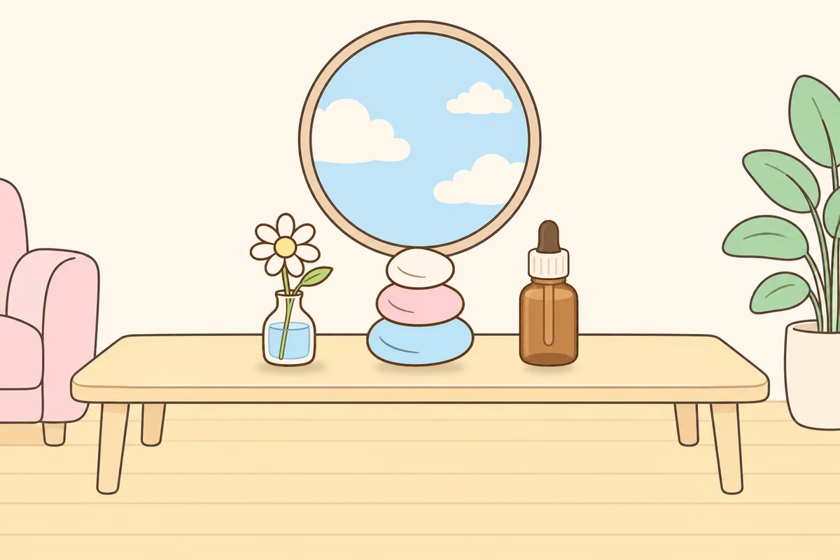 금천구 여성전용 복부 마사지 안내 그림, 거실 원목 테이블 위의 데이지 꽃병, 조약돌, 오일병