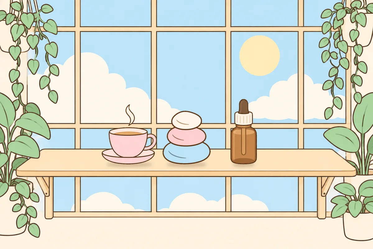금천구 여성전용 등 마사지 안내 그림, 햇살 드는 창가 선반 위의 찻잔, 조약돌, 오일병
