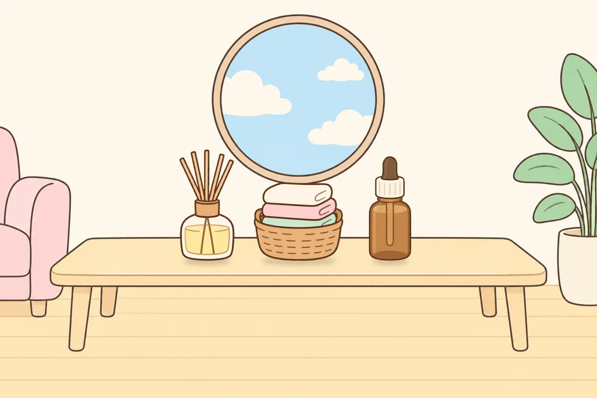 금천구 여성전용 두피 마사지 안내 그림, 거실 원목 테이블 위의 디퓨저, 수건 바구니, 오일병
