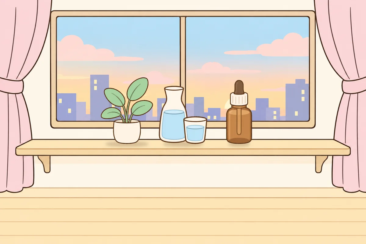 금천구 여성전용 어깨 마사지 안내 그림, 호텔 창가 선반 위의 화분, 물병, 오일병