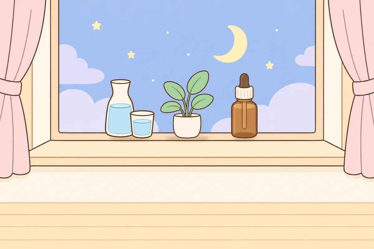 금천구 여성전용 두통 완화 마사지 안내 그림, 밤 창가 창턱 위의 물병, 화분, 오일병