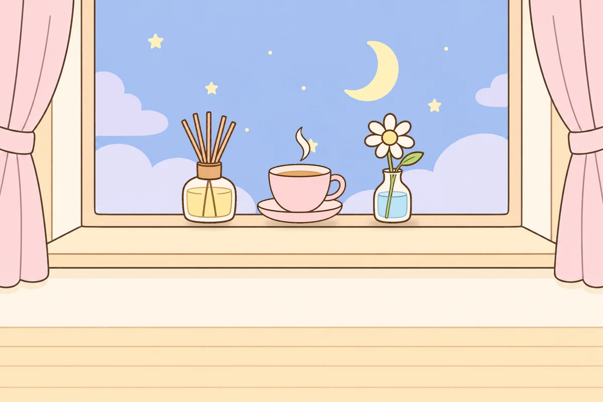 금천구 여성전용 마사지 가격 안내 그림, 밤 창가 창턱 위의 디퓨저, 찻잔, 데이지 꽃병