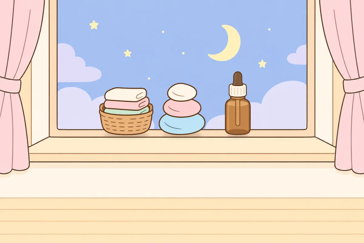 금천구 여성전용 마사지 추천 안내 그림, 밤 창가 창턱 위의 수건 바구니, 조약돌, 오일병