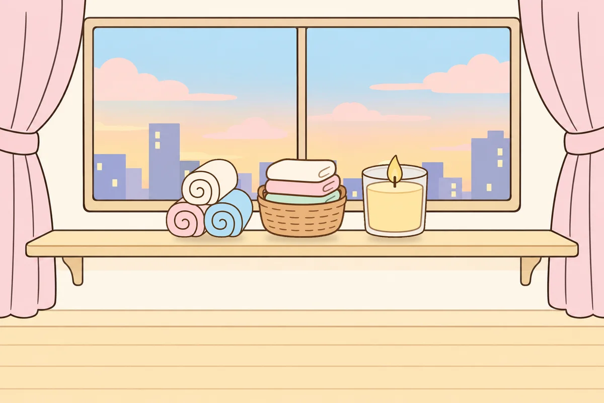 강서구 여성전용 아로마 마사지 안내 그림, 호텔 창가 선반 위의 수건, 수건 바구니, 향초