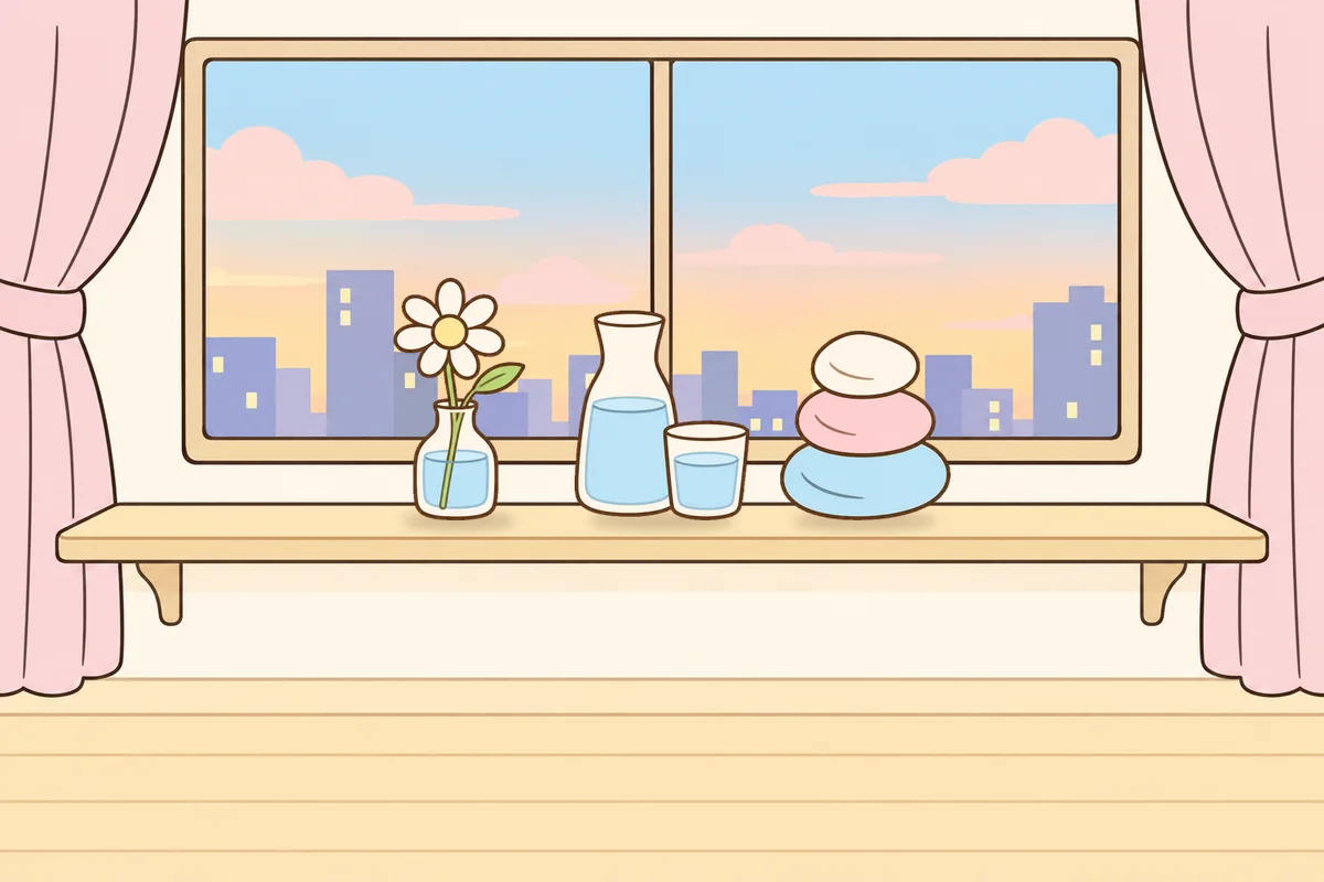강서구 여성전용 아로마테라피 안내 그림, 호텔 창가 선반 위의 데이지 꽃병, 물병, 조약돌