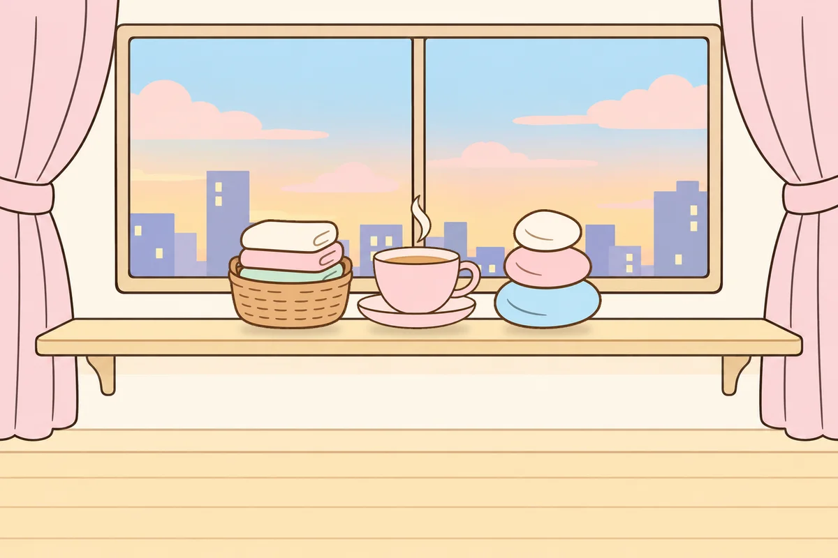 강서구 여성전용 홈케어 추천 안내 그림, 호텔 창가 선반 위의 수건 바구니, 찻잔, 조약돌