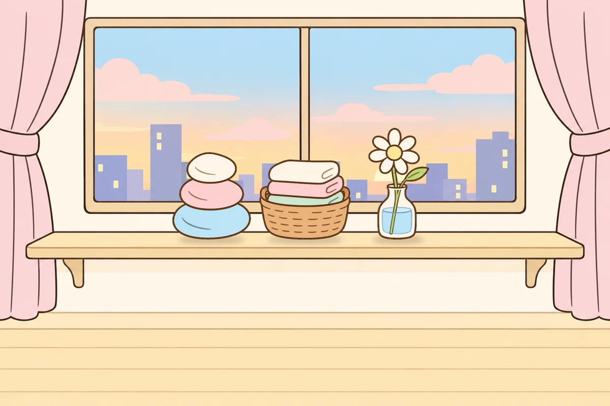 강서구 여성전용 발 케어 안내 그림, 호텔 창가 선반 위의 조약돌, 수건 바구니, 데이지 꽃병