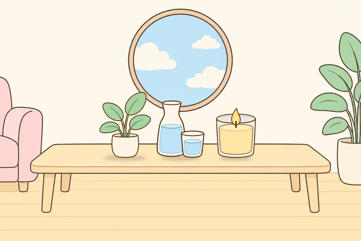 강서구 여성전용 슬리밍 마사지 안내 그림, 거실 원목 테이블 위의 화분, 물병, 향초