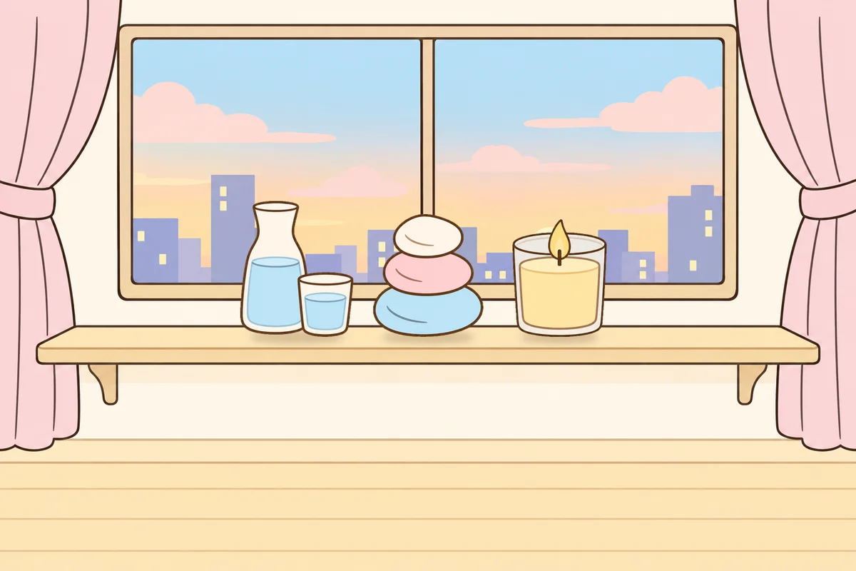 강서구 여성전용 등 마사지 안내 그림, 호텔 창가 선반 위의 물병, 조약돌, 향초