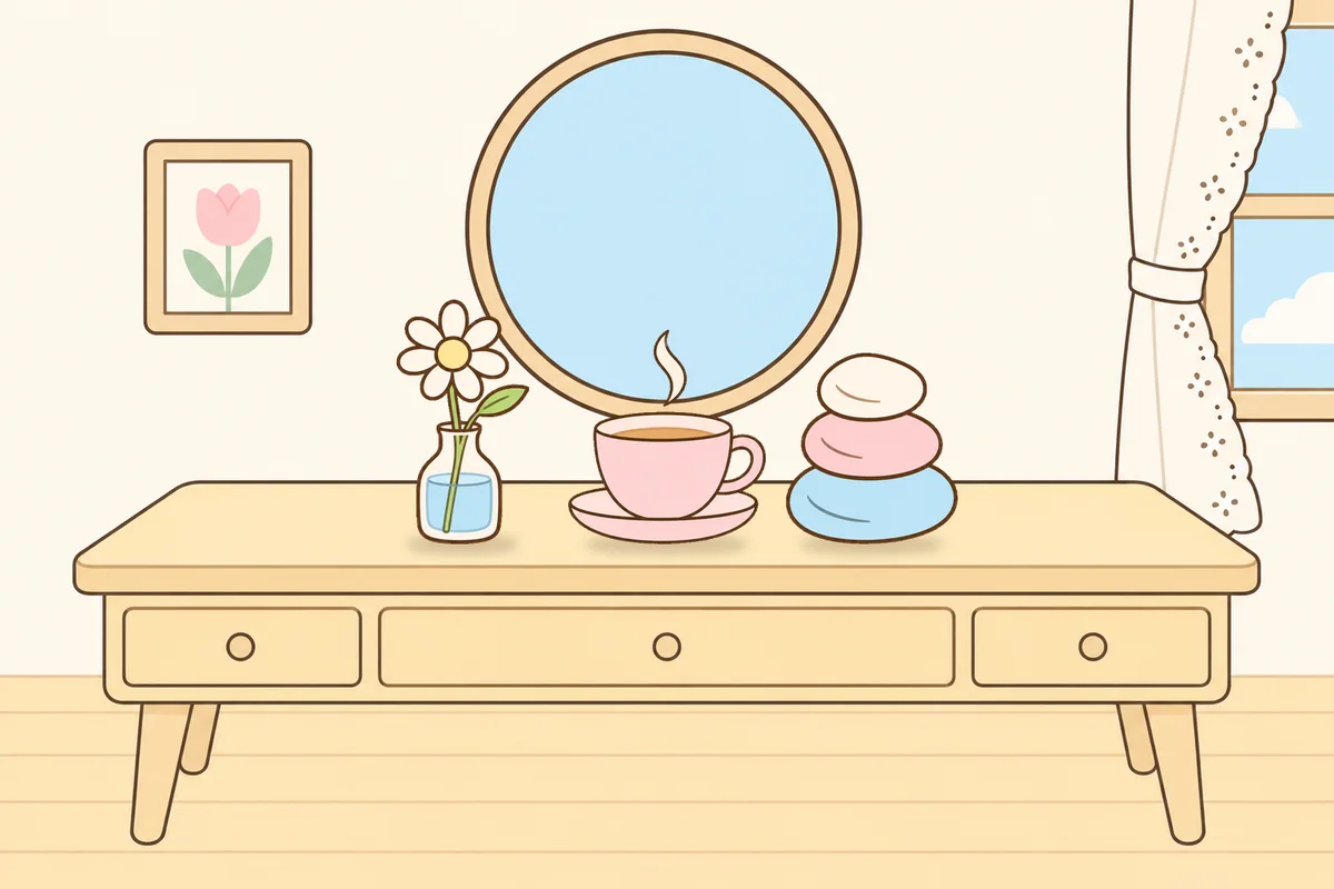 강서구 여성전용 두피 케어 안내 그림, 화장대 위의 데이지 꽃병, 찻잔, 조약돌