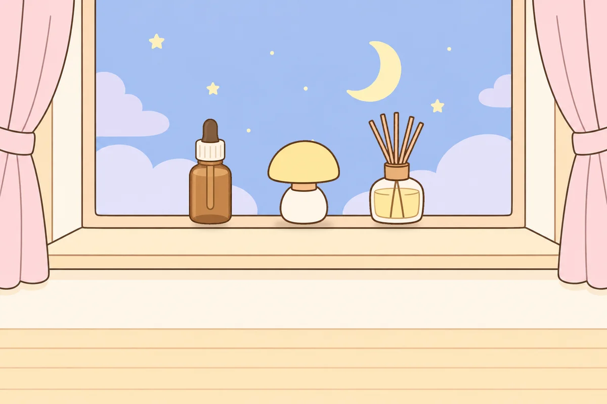 강서구 여성전용 수면 케어 안내 그림, 밤 창가 창턱 위의 오일병, 무드등, 디퓨저