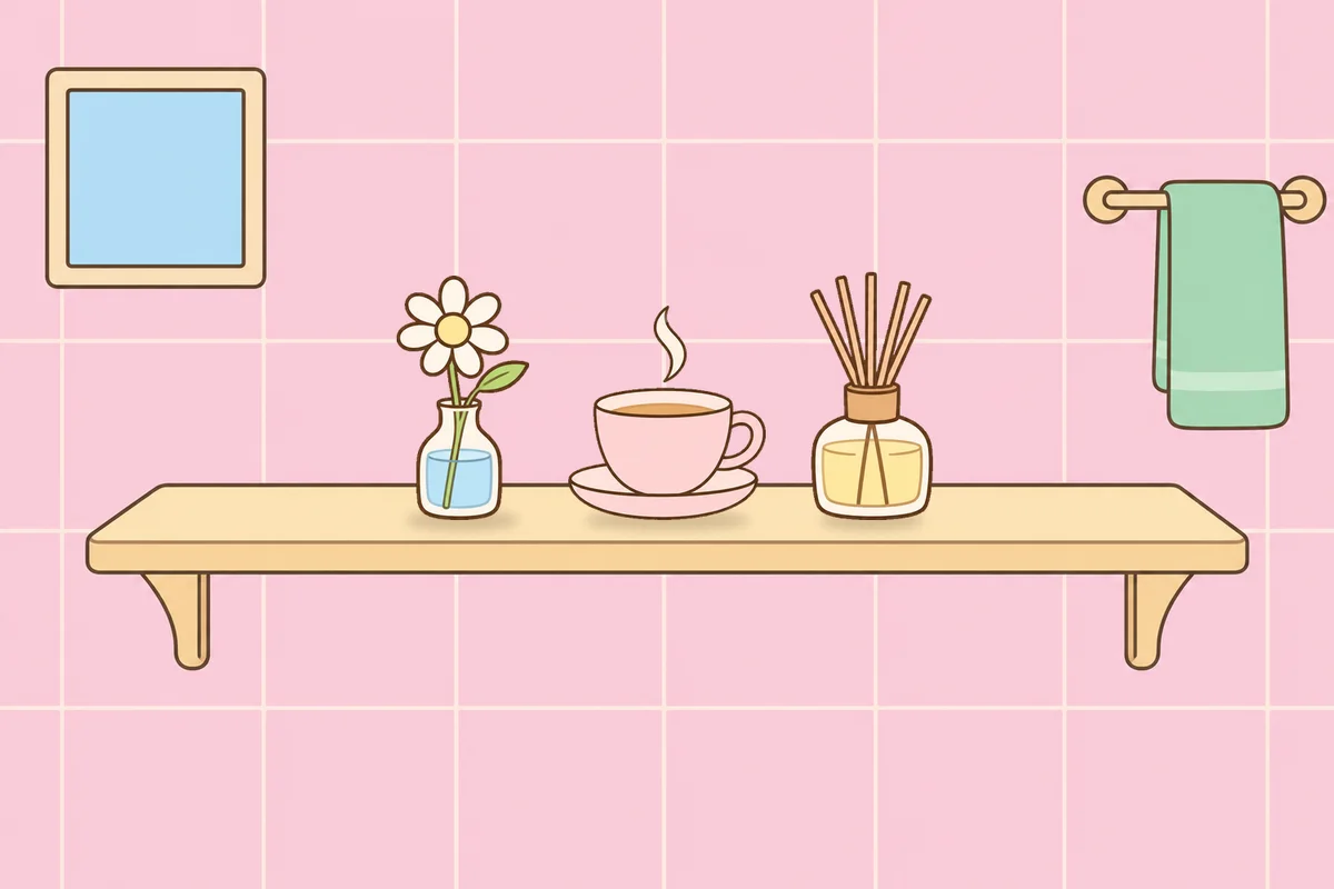 강서구 여성전용 스트레스 케어 안내 그림, 파우더룸 선반 위의 데이지 꽃병, 찻잔, 디퓨저