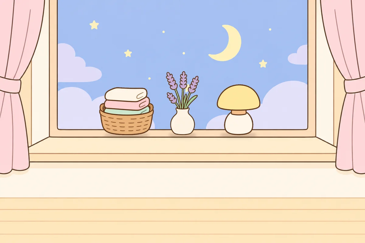 강서구 여성전용 피부 관리 안내 그림, 밤 창가 창턱 위의 수건 바구니, 라벤더 꽃병, 무드등