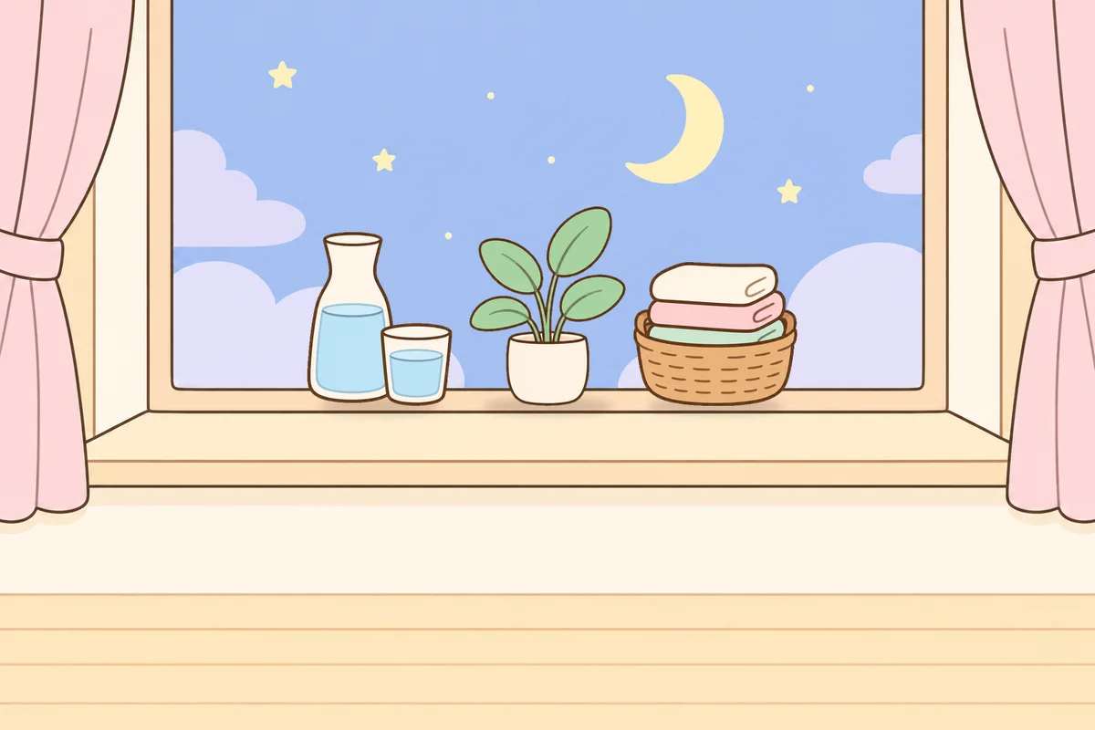강서구 여성전용 마사지 추천 안내 그림, 밤 창가 창턱 위의 물병, 화분, 수건 바구니