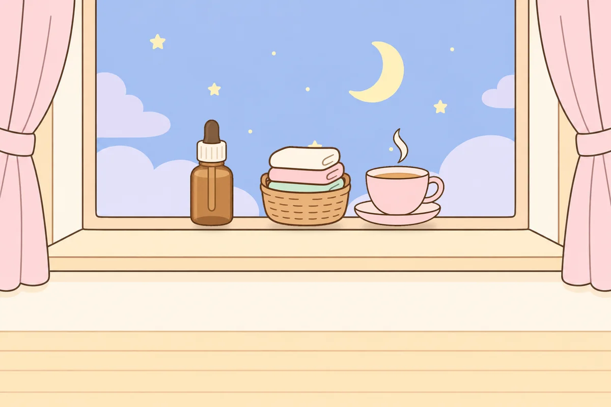 강서구 여성전용 출장 마사지 안내 그림, 밤 창가 창턱 위의 오일병, 수건 바구니, 찻잔
