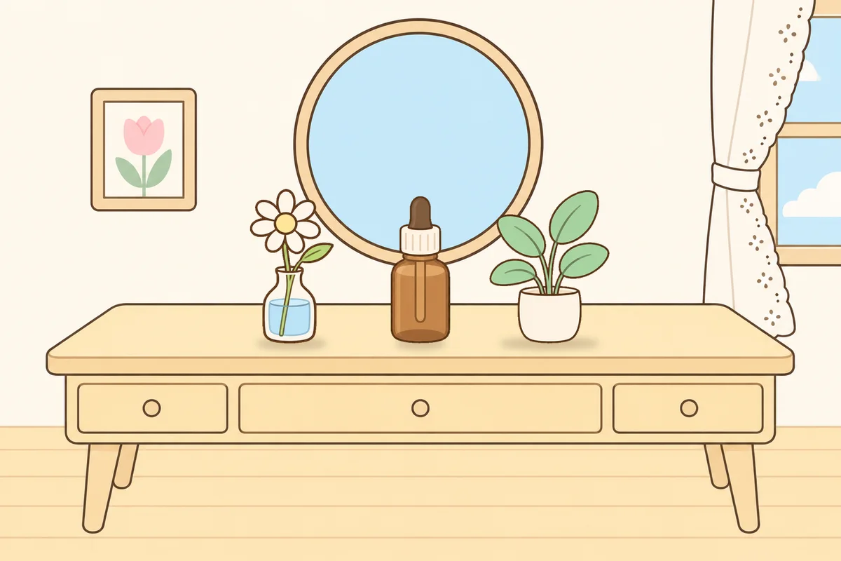 양천구 여성전용 아로마테라피 안내 그림, 화장대 위의 데이지 꽃병, 오일병, 화분