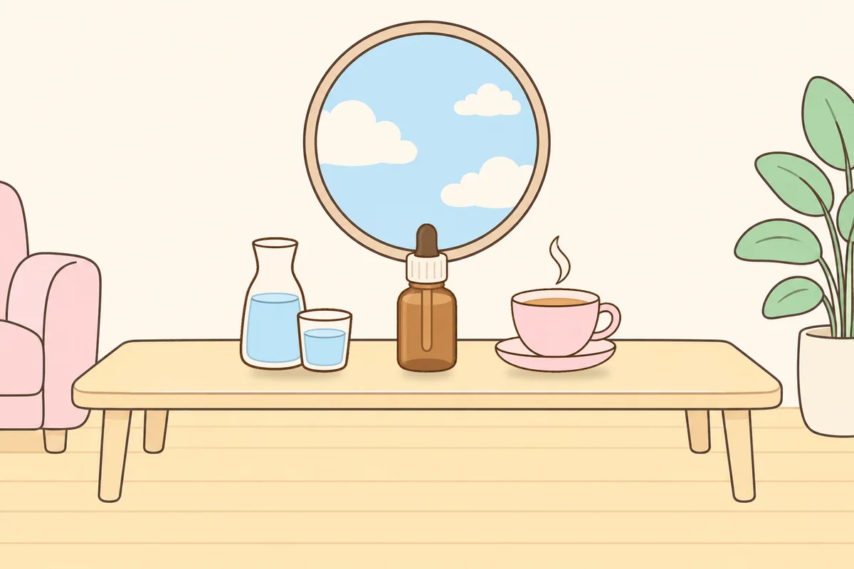 양천구 여성전용 라벤더 아로마 안내 그림, 거실 원목 테이블 위의 물병, 오일병, 찻잔