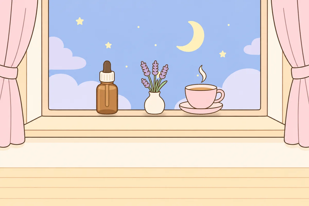 양천구 여성전용 아로마 추천 안내 그림, 밤 창가 창턱 위의 오일병, 라벤더 꽃병, 찻잔