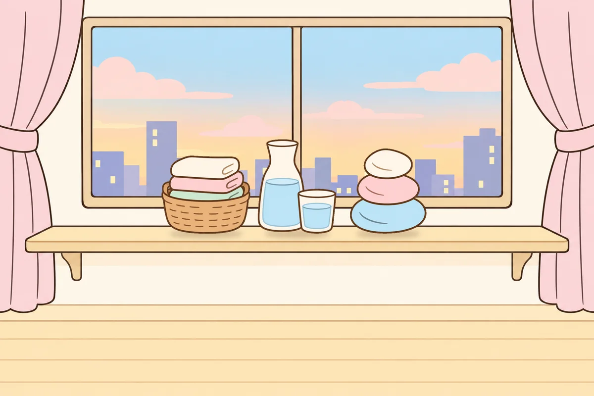 양천구 여성전용 홈케어 서비스 안내 그림, 호텔 창가 선반 위의 수건 바구니, 물병, 조약돌