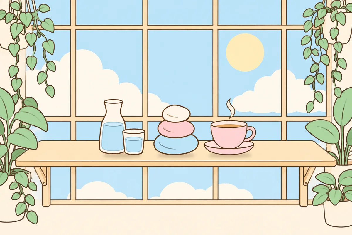 양천구 여성전용 림프 마사지 안내 그림, 햇살 드는 창가 선반 위의 물병, 조약돌, 찻잔