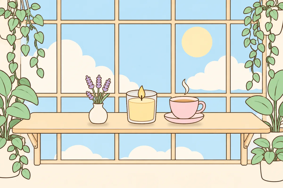 양천구 여성전용 슬리밍 마사지 안내 그림, 햇살 드는 창가 선반 위의 라벤더 꽃병, 향초, 찻잔