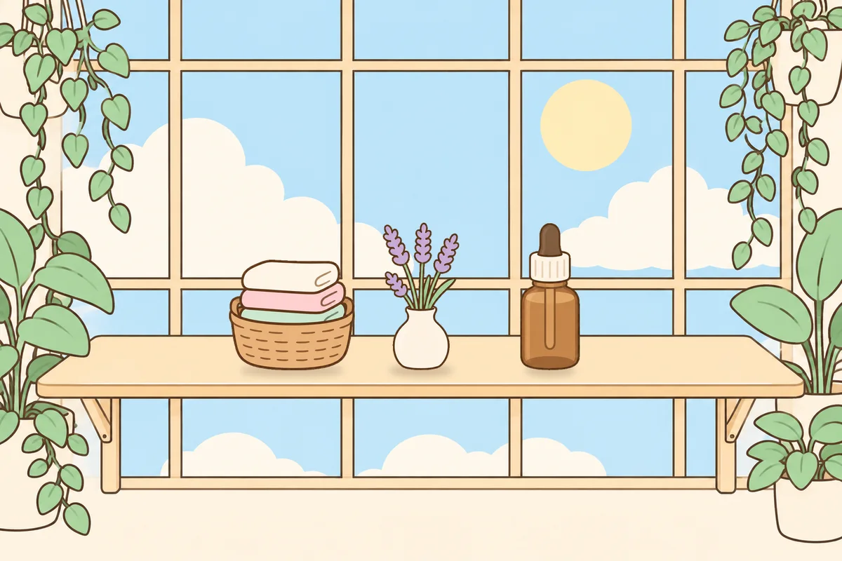 양천구 여성전용 디톡스 마사지 안내 그림, 햇살 드는 창가 선반 위의 수건 바구니, 라벤더 꽃병, 오일병