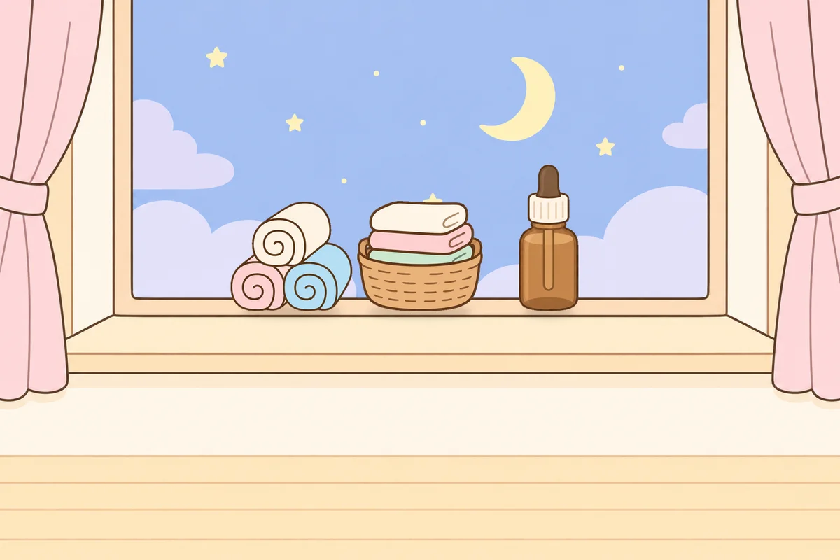 양천구 여성전용 두통 완화 마사지 안내 그림, 밤 창가 창턱 위의 수건, 수건 바구니, 오일병