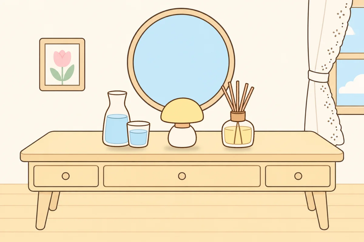 양천구 여성전용 마사지 후기 안내 그림, 화장대 위의 물병, 무드등, 디퓨저